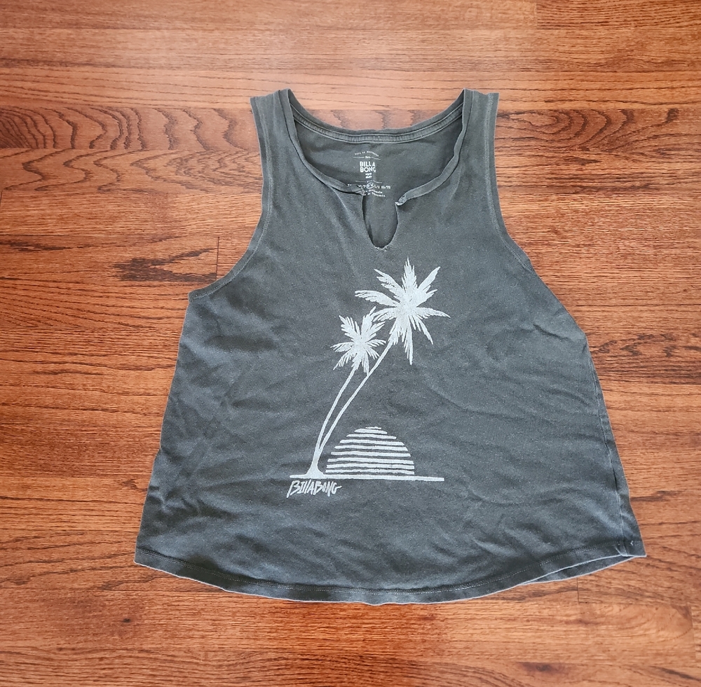 Billabong Charcoal Gray Tank with White Palm Sunset Graphic